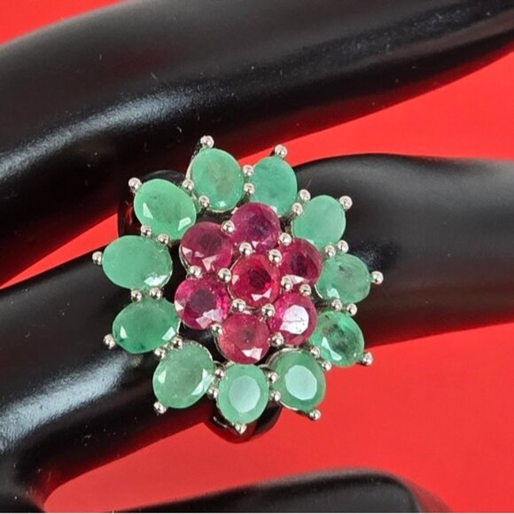 925 Sterling Silver Ring SZ 9 with Natural Ruby & Emerald Gemstone - Picture 3 of 15